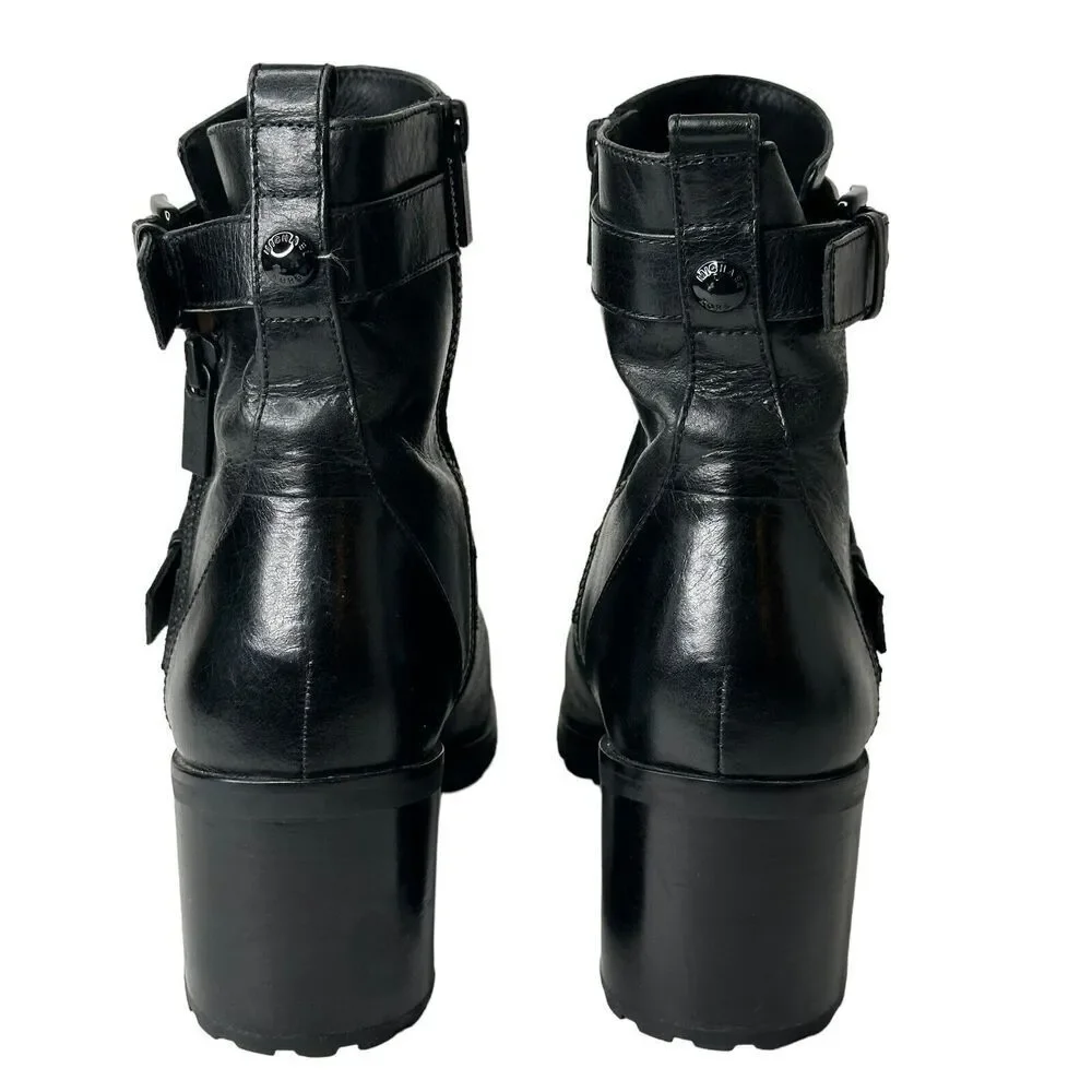 Michael Kors Gretchen Mid Heel Bootie Black Leather Moto Chunky Lug Sole 9M